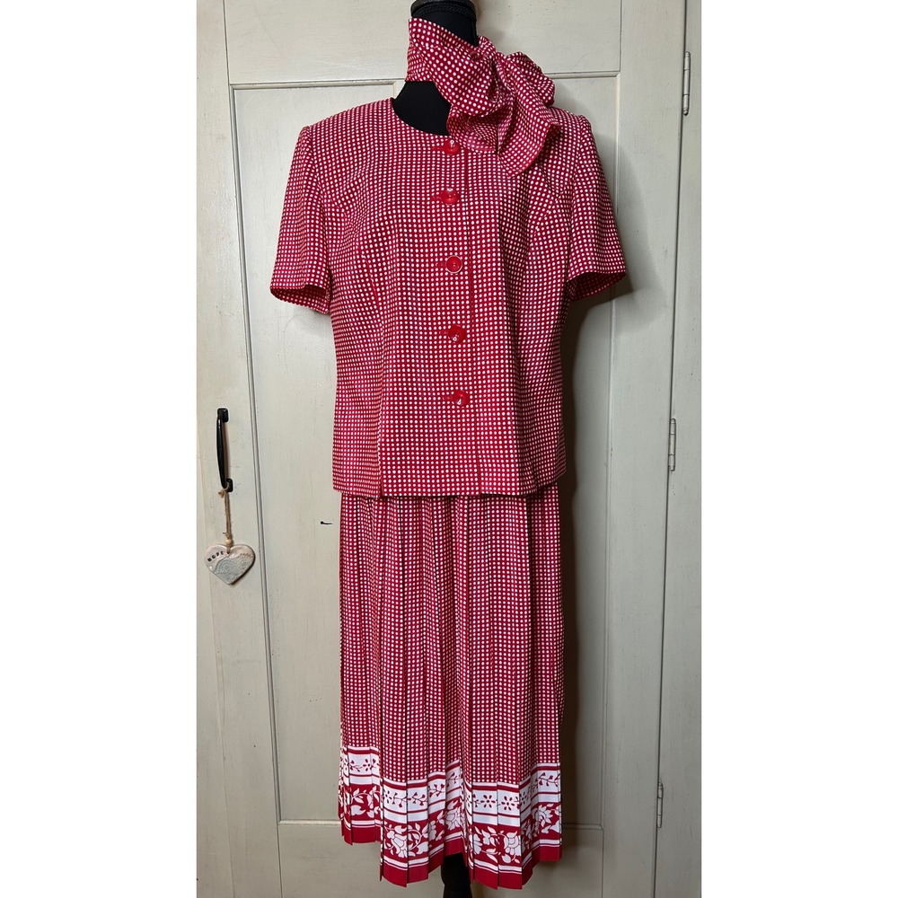 Vintage Leslie Fay Red White Polka‎ Dot Floral Skirt Suit Set scarf Womens 14P